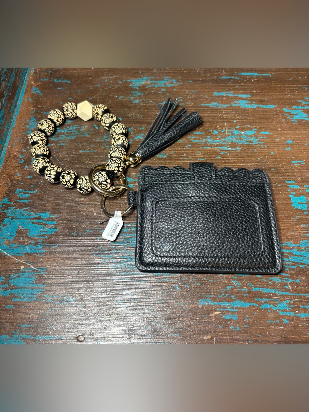 New Black Leather Card Holder Wristlet with Beaded Strap